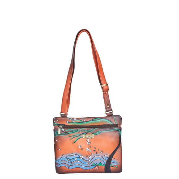 Hand-Painted Women's Leather Crossbody Sling Bag – Over the Shoulder Purses - Picture 1 of 7